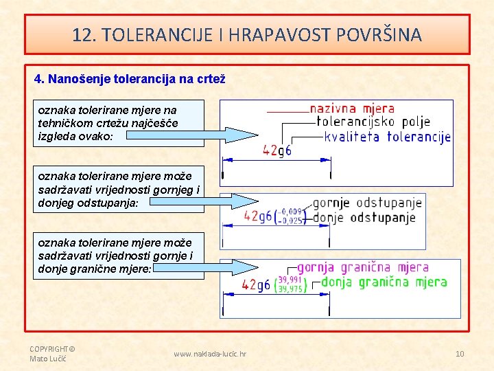 12. TOLERANCIJE I HRAPAVOST POVRŠINA 4. Nanošenje tolerancija na crtež oznaka tolerirane mjere na