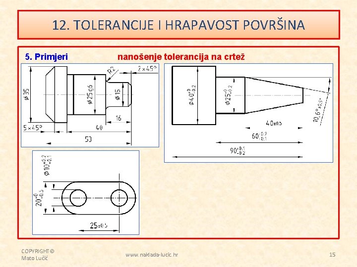 12. TOLERANCIJE I HRAPAVOST POVRŠINA 5. Primjeri COPYRIGHT© Mato Lučić nanošenje tolerancija na crtež