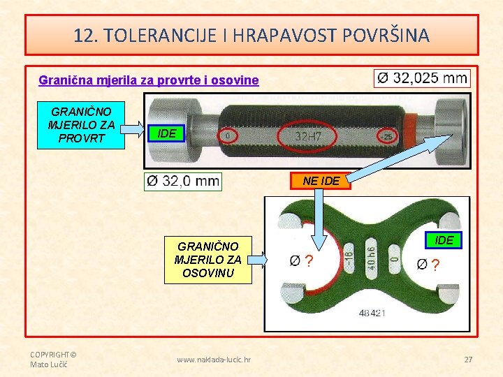12. TOLERANCIJE I HRAPAVOST POVRŠINA Granična mjerila za provrte i osovine GRANIČNO MJERILO ZA
