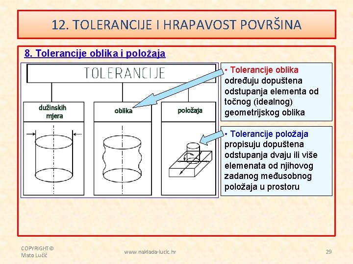 12. TOLERANCIJE I HRAPAVOST POVRŠINA 8. Tolerancije oblika i položaja • Tolerancije oblika određuju