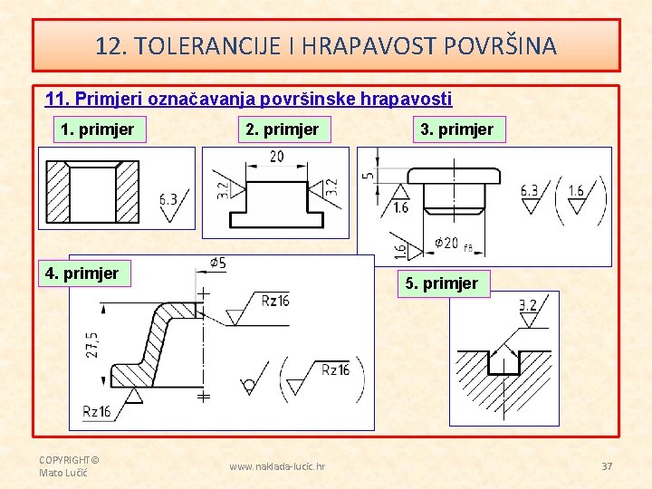 12. TOLERANCIJE I HRAPAVOST POVRŠINA 11. Primjeri označavanja površinske hrapavosti 1. primjer 2. primjer