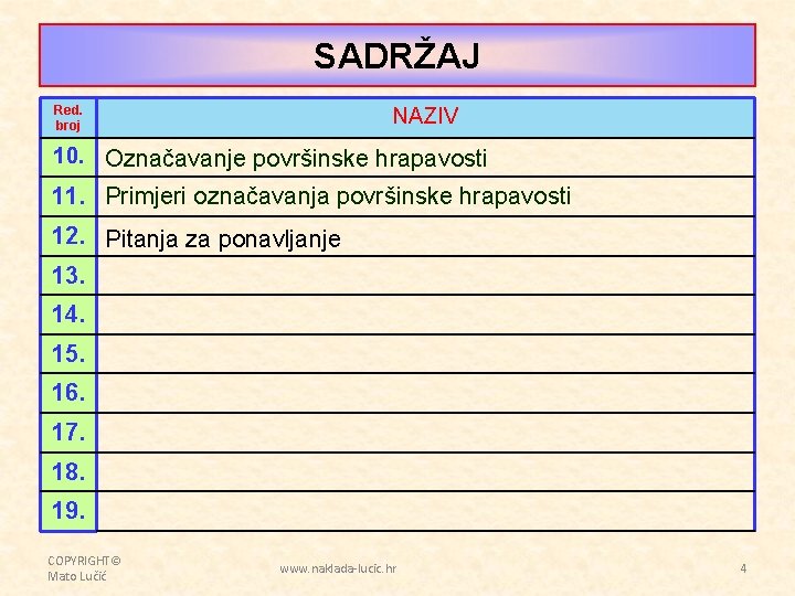 SADRŽAJ Red. broj NAZIV 10. Označavanje površinske hrapavosti 11. Primjeri označavanja površinske hrapavosti 12.