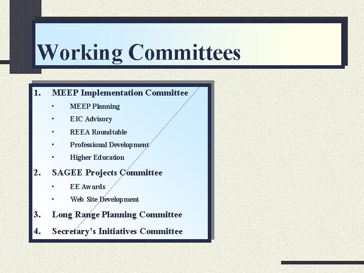 Working Committees 1. 2. MEEP Implementation Committee • MEEP Planning • EIC Advisory •