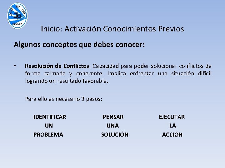 Inicio: Activación Conocimientos Previos Algunos conceptos que debes conocer: • Resolución de Conflictos: Capacidad