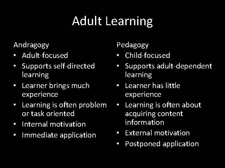 Adult Learning Andragogy • Adult-focused • Supports self-directed learning • Learner brings much experience