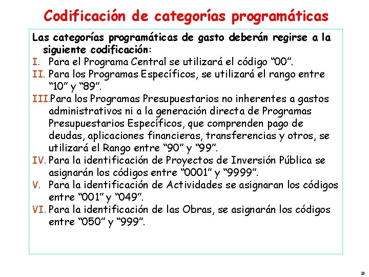 Codificación de categorías programáticas Las categorías programáticas de gasto deberán regirse a la siguiente