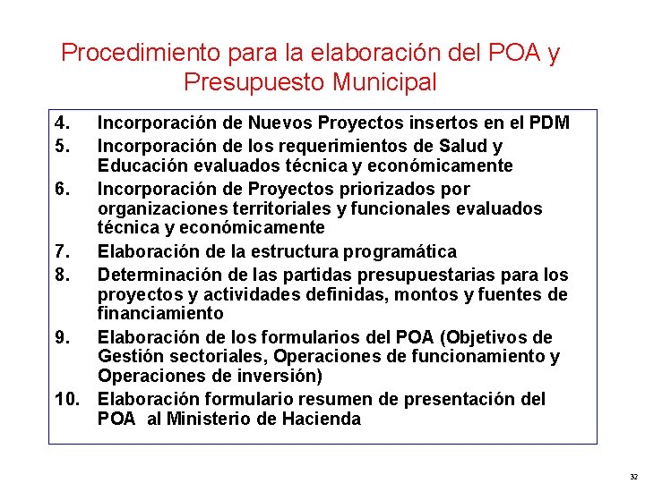Procedimiento para la elaboración del POA y Presupuesto Municipal 4. 5. Incorporación de Nuevos
