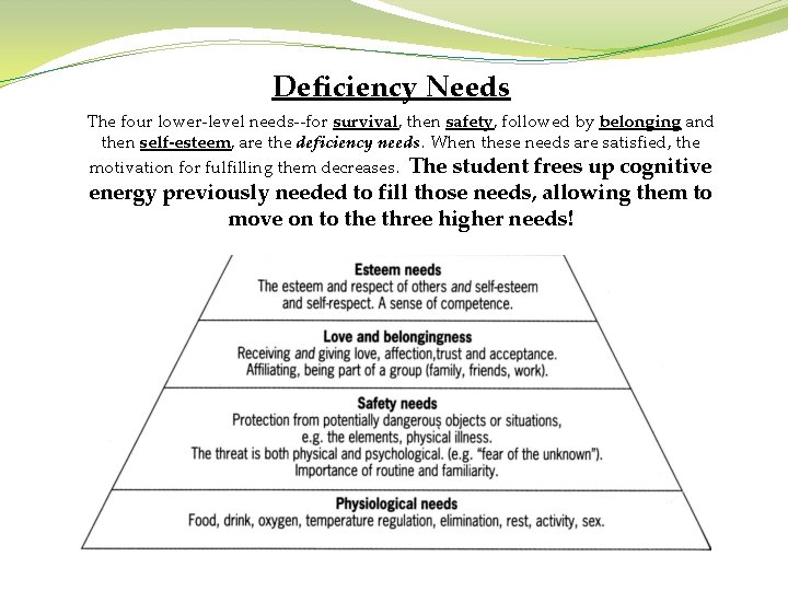 Deficiency Needs The four lower-level needs--for survival, then safety, followed by belonging and then