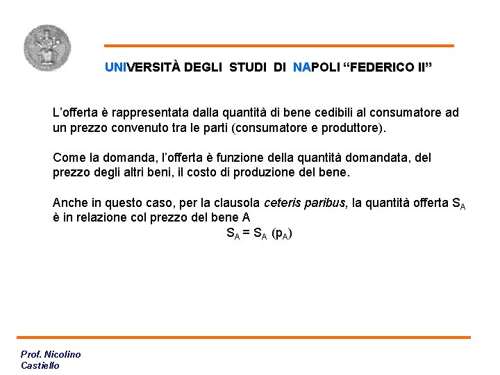 Definizione UNIVERSITÀ DEGLI STUDI DI NAPOLI “FEDERICO II” L’offerta è rappresentata dalla quantità di