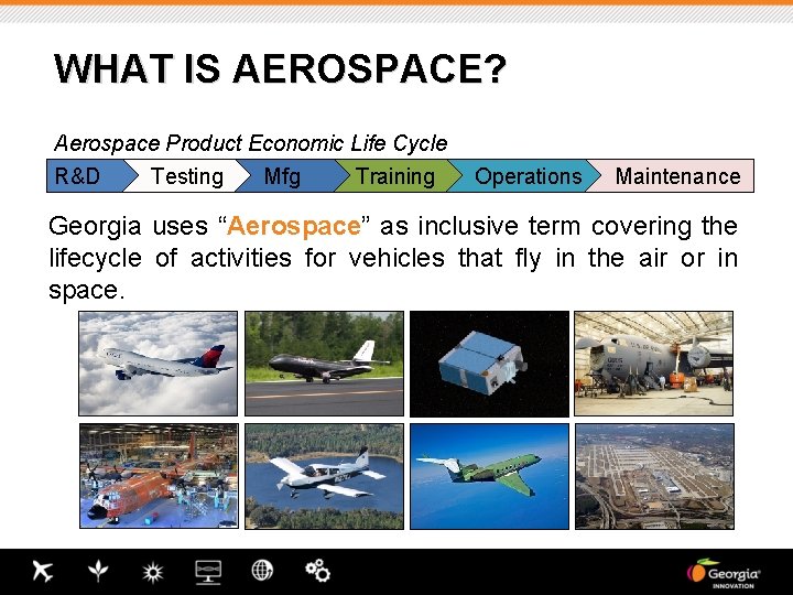 WHAT IS AEROSPACE? Aerospace Product Economic Life Cycle R&D Testing Mfg Training Operations Maintenance