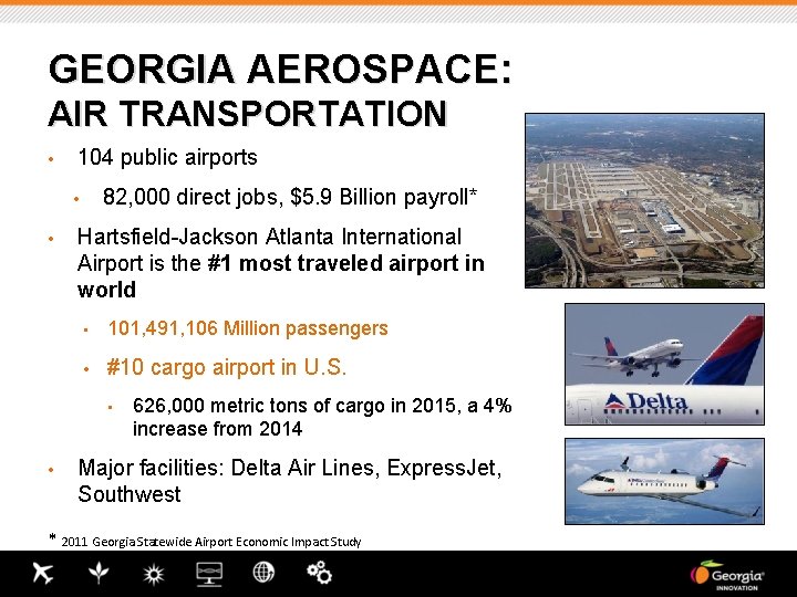 GEORGIA AEROSPACE: AIR TRANSPORTATION • 104 public airports 82, 000 direct jobs, $5. 9