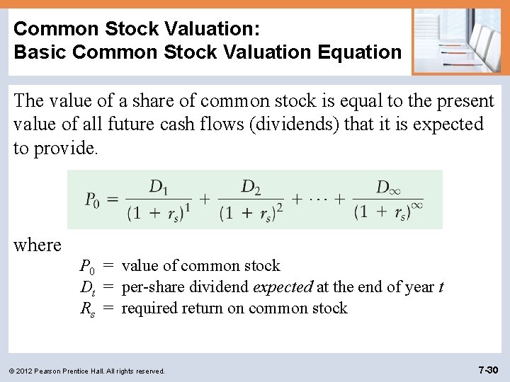 Common Stock Valuation: Basic Common Stock Valuation Equation The value of a share of