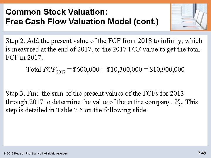 Common Stock Valuation: Free Cash Flow Valuation Model (cont. ) Step 2. Add the