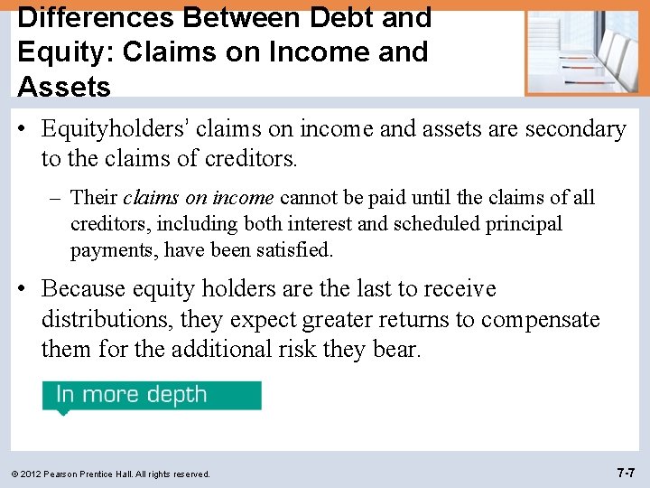 Differences Between Debt and Equity: Claims on Income and Assets • Equityholders’ claims on