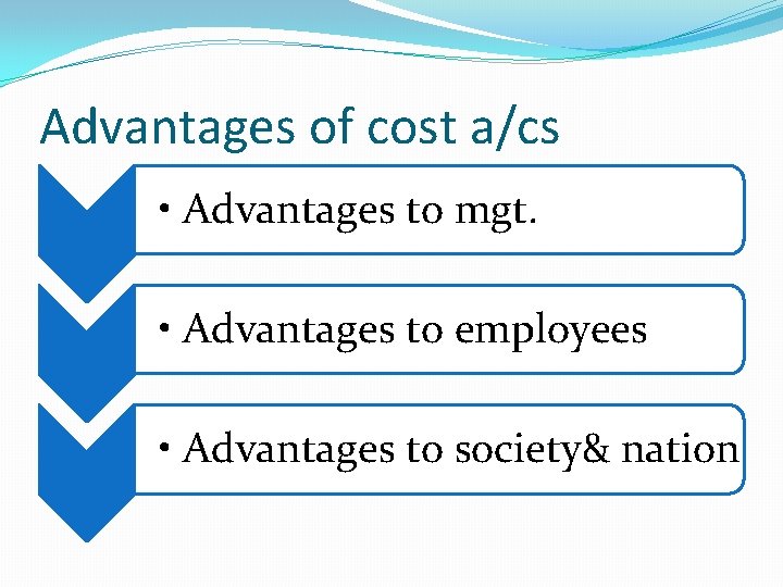 Advantages of cost a/cs • Advantages to mgt. • Advantages to employees • Advantages Advantages of cost a/cs • Advantages to mgt. • Advantages to employees • Advantages