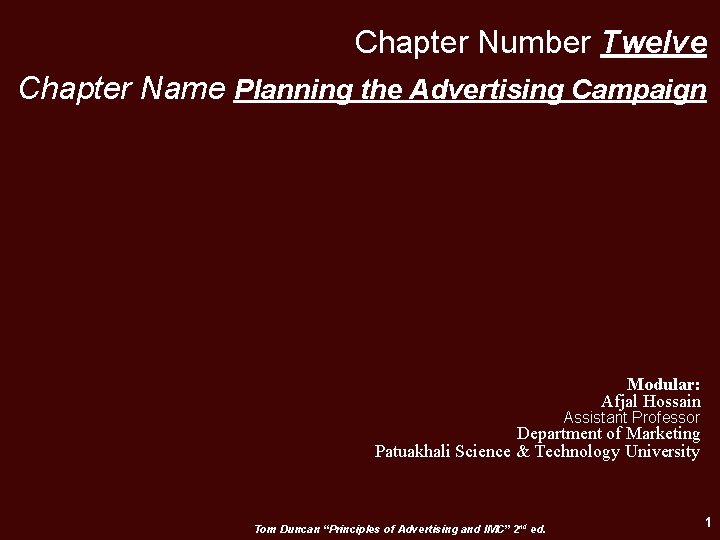Chapter Number Twelve Chapter Name Planning the Advertising Campaign Modular: Afjal Hossain Assistant Professor