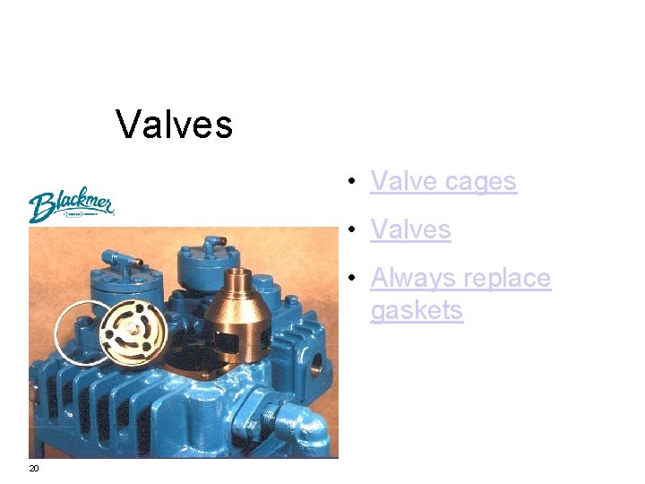 Valves • Valve cages • Valves • Always replace gaskets 20 