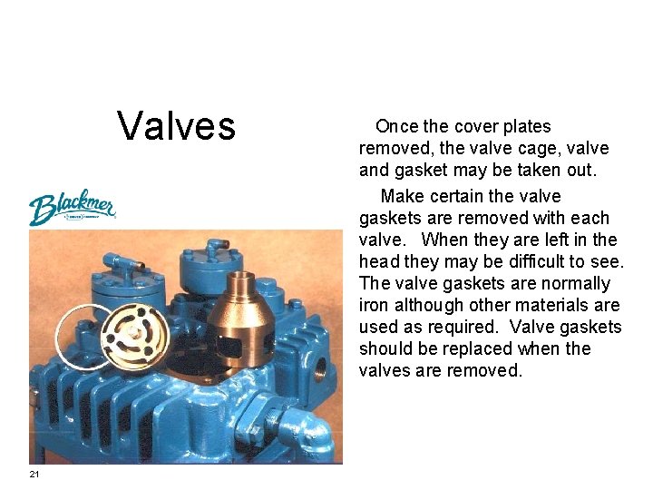 Valves 21 Once the cover plates removed, the valve cage, valve and gasket may