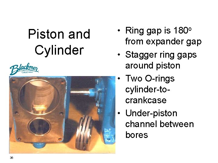 Piston and Cylinder 36 • Ring gap is 180 o from expander gap •