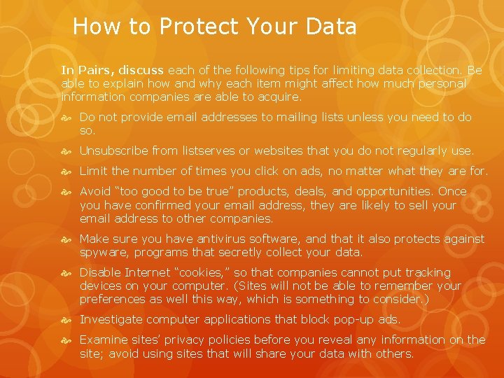 How to Protect Your Data In Pairs, discuss each of the following tips for