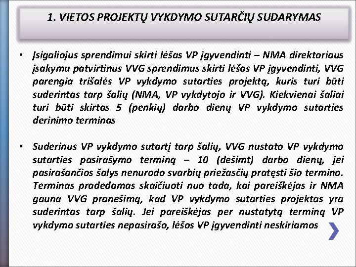 1. VIETOS PROJEKTŲ VYKDYMO SUTARČIŲ SUDARYMAS • Įsigaliojus sprendimui skirti lėšas VP įgyvendinti –