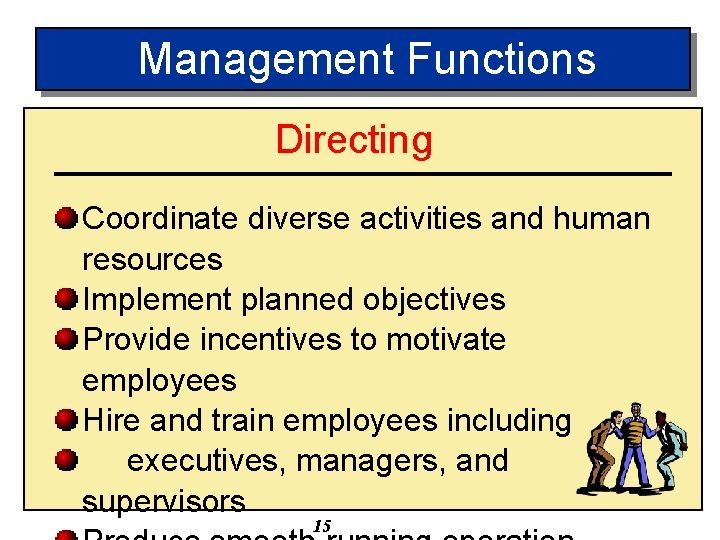 Management Functions Directing Coordinate diverse activities and human resources Implement planned objectives Provide incentives