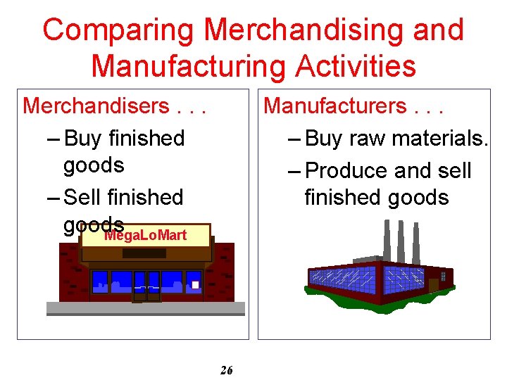 Comparing Merchandising and Manufacturing Activities Merchandisers. . . – Buy finished goods – Sell