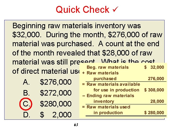 Quick Check Beginning raw materials inventory was $32, 000. During the month, $276, 000