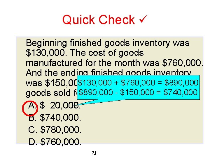 Quick Check Beginning finished goods inventory was $130, 000. The cost of goods manufactured