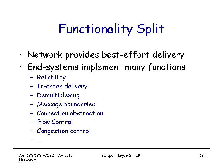 Functionality Split • Network provides best-effort delivery • End-systems implement many functions – –