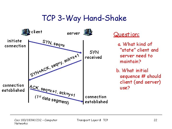 TCP 3 -Way Hand-Shake client initiate connection server Question: SYN, s eq=x x+1 =