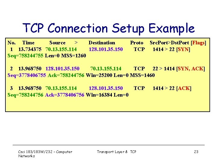 TCP Connection Setup Example No. Time Source > Destination 1 13. 734375 70. 13.