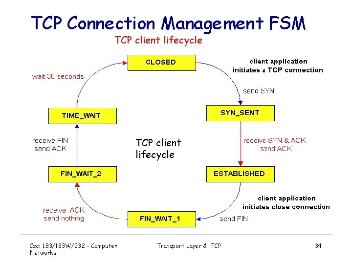 TCP Connection Management FSM TCP client lifecycle Csci 183/183 W/232 – Computer Networks Transport