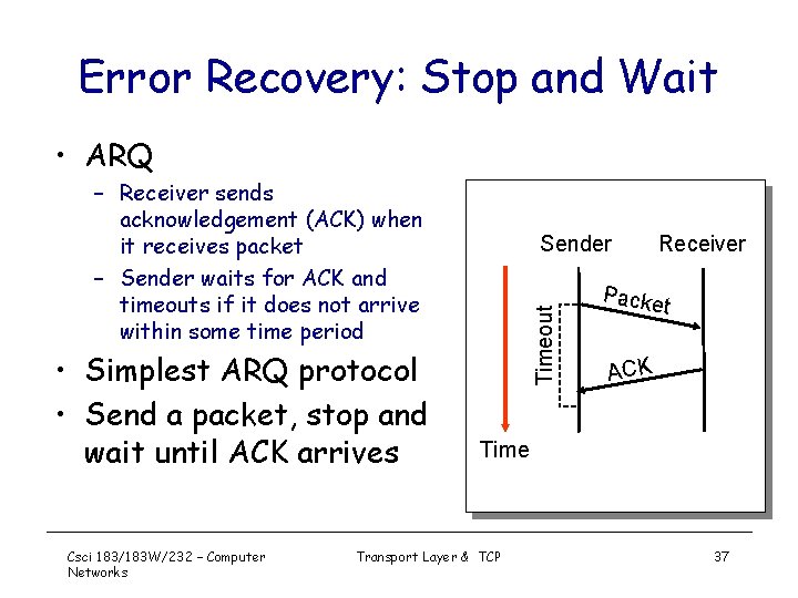 Error Recovery: Stop and Wait • ARQ – Receiver sends acknowledgement (ACK) when it