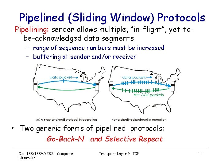 Pipelined (Sliding Window) Protocols Pipelining: sender allows multiple, “in-flight”, yet-tobe-acknowledged data segments – range