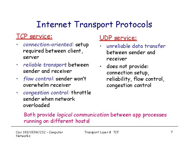 Internet Transport Protocols TCP service: • connection-oriented: setup required between client, server • reliable