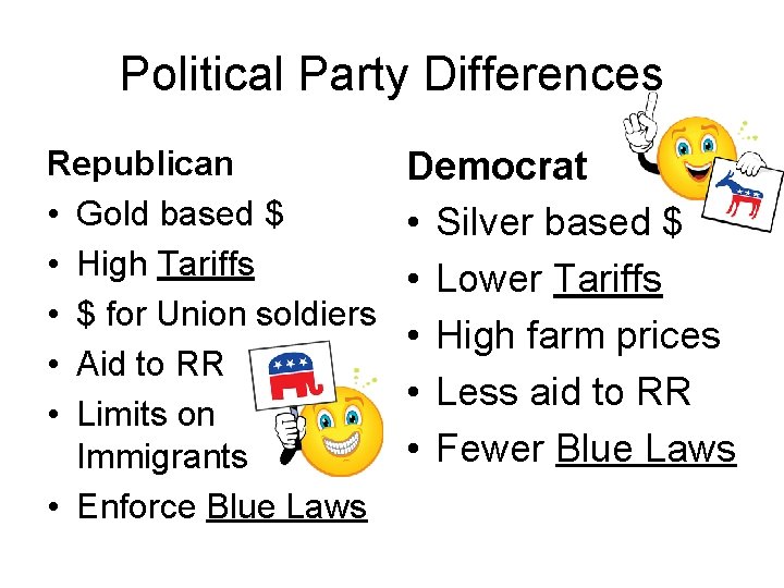 Political Party Differences Republican • Gold based $ • High Tariffs • $ for