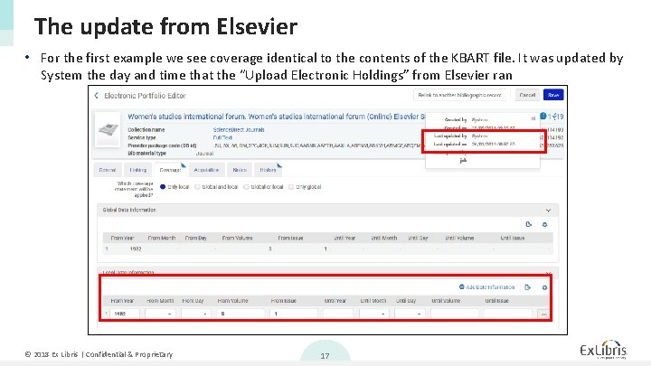The update from Elsevier • For the first example we see coverage identical to