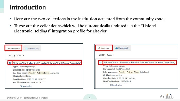Introduction • Here are the two collections in the institution activated from the community