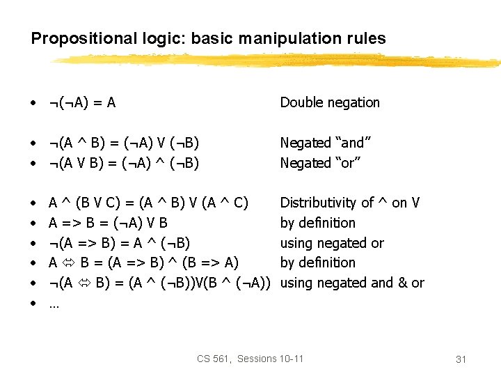 Propositional logic: basic manipulation rules • ¬(¬A) = A Double negation • ¬(A ^
