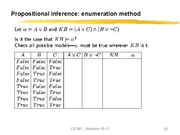 Propositional inference: enumeration method CS 561, Sessions 10 -11 32 