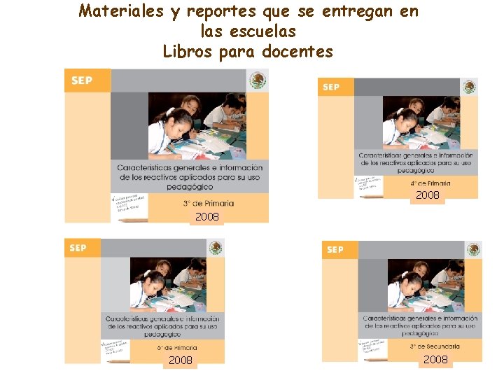 Materiales y reportes que se entregan en las escuelas Libros para docentes 2008 