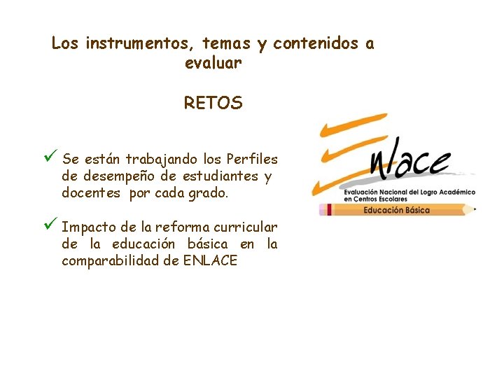 Los instrumentos, temas y contenidos a evaluar RETOS ü Se están trabajando los Perfiles