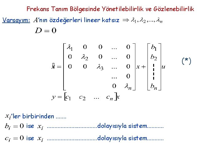 Frekans Tanım Bölgesinde Yönetilebilirlik ve Gözlenebilirlik Varsayım: A’nın özdeğerleri lineer katsız (*) ’ler birbirinden.