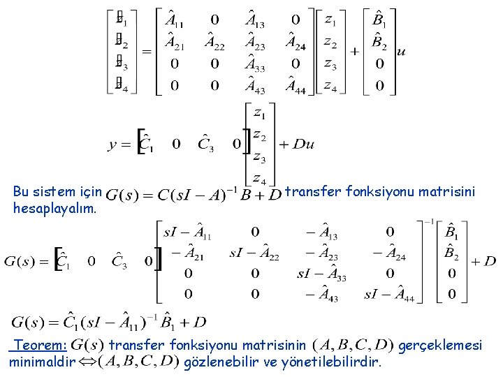 Bu sistem için hesaplayalım. Teorem: minimaldir transfer fonksiyonu matrisinin gözlenebilir ve yönetilebilirdir. gerçeklemesi 