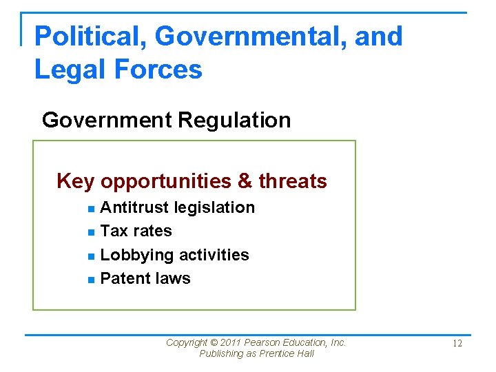 Political, Governmental, and Legal Forces Government Regulation Key opportunities & threats Antitrust legislation n