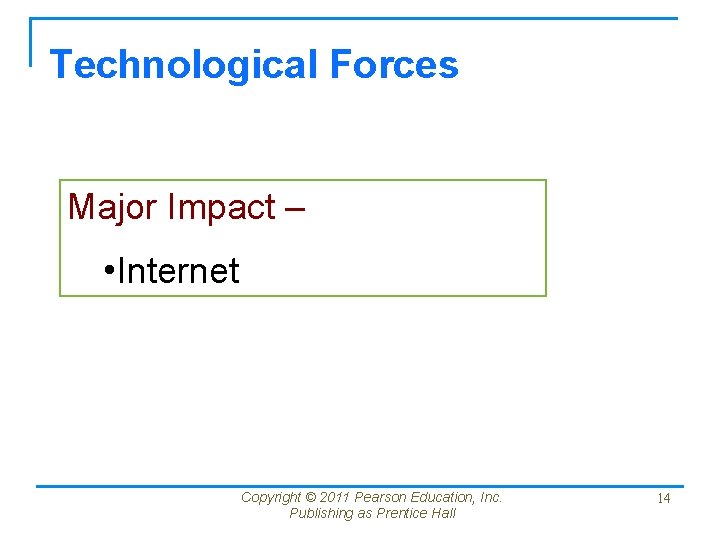 Technological Forces Major Impact – • Internet Copyright © 2011 Pearson Education, Inc. Publishing