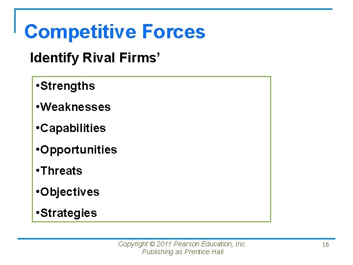 Competitive Forces Identify Rival Firms’ • Strengths • Weaknesses • Capabilities • Opportunities •