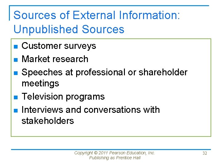 Sources of External Information: Unpublished Sources n n n Customer surveys Market research Speeches