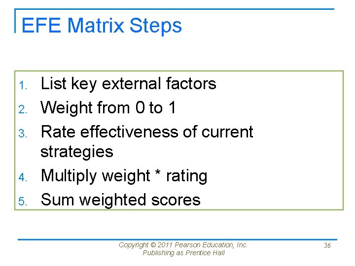 EFE Matrix Steps 1. 2. 3. 4. 5. List key external factors Weight from